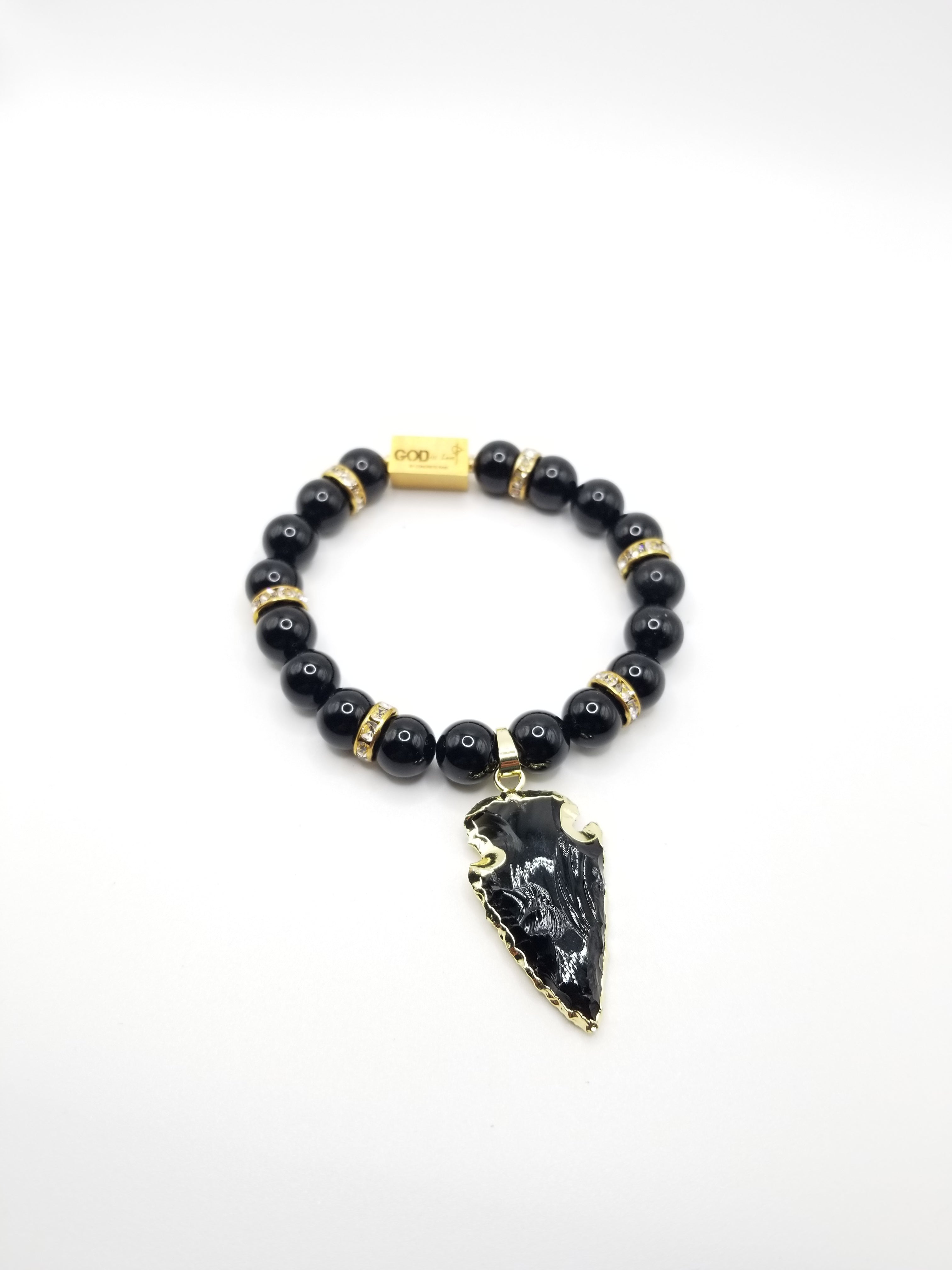 Black Onyx with Arrow Pendant Beaded Bracelet