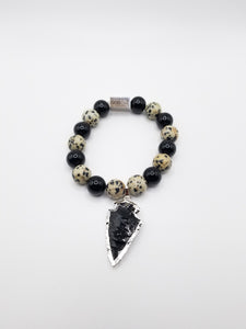 Black Onyx and Dalmatian with Arrow Pendant Beaded Bracelet