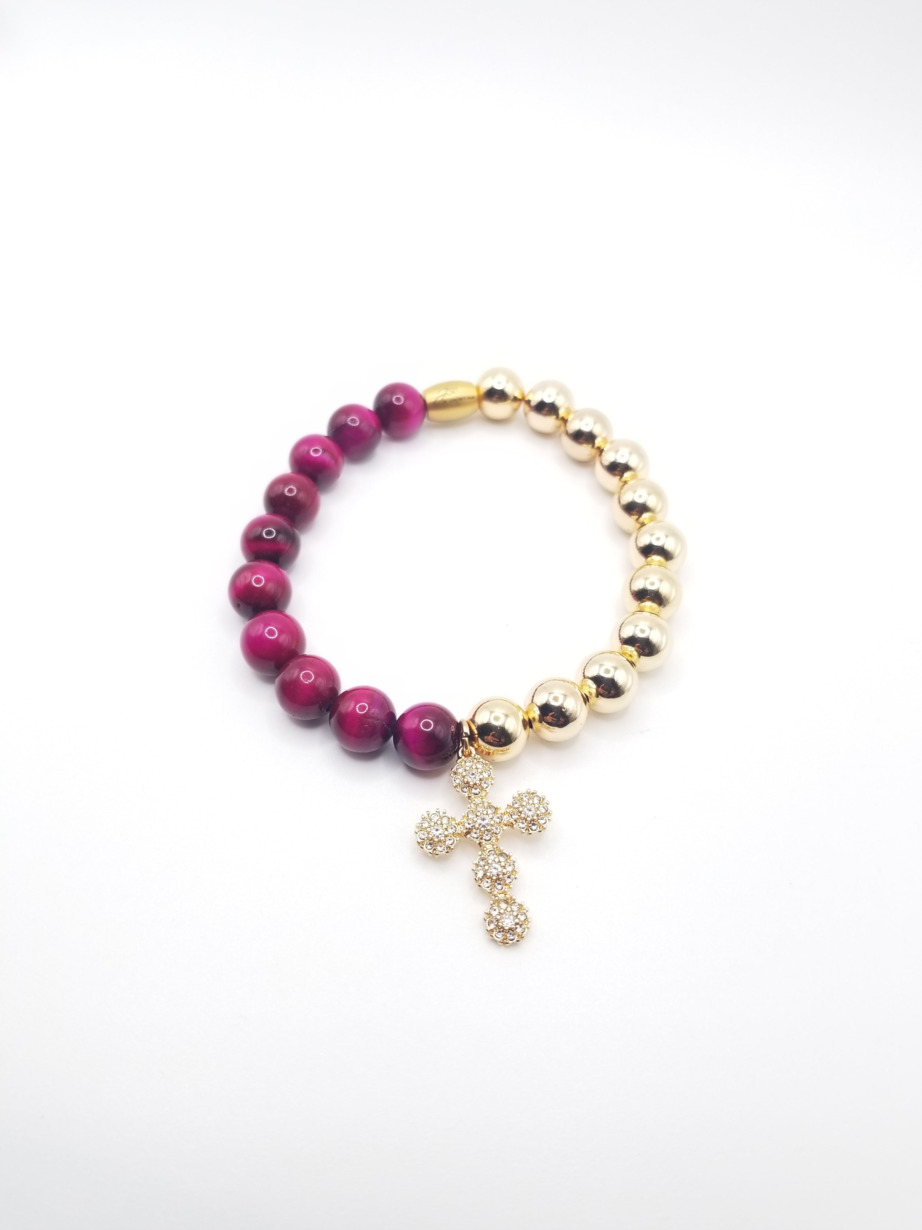 Pink and Gold-filled Beaded Bracelet with Cross Pendant