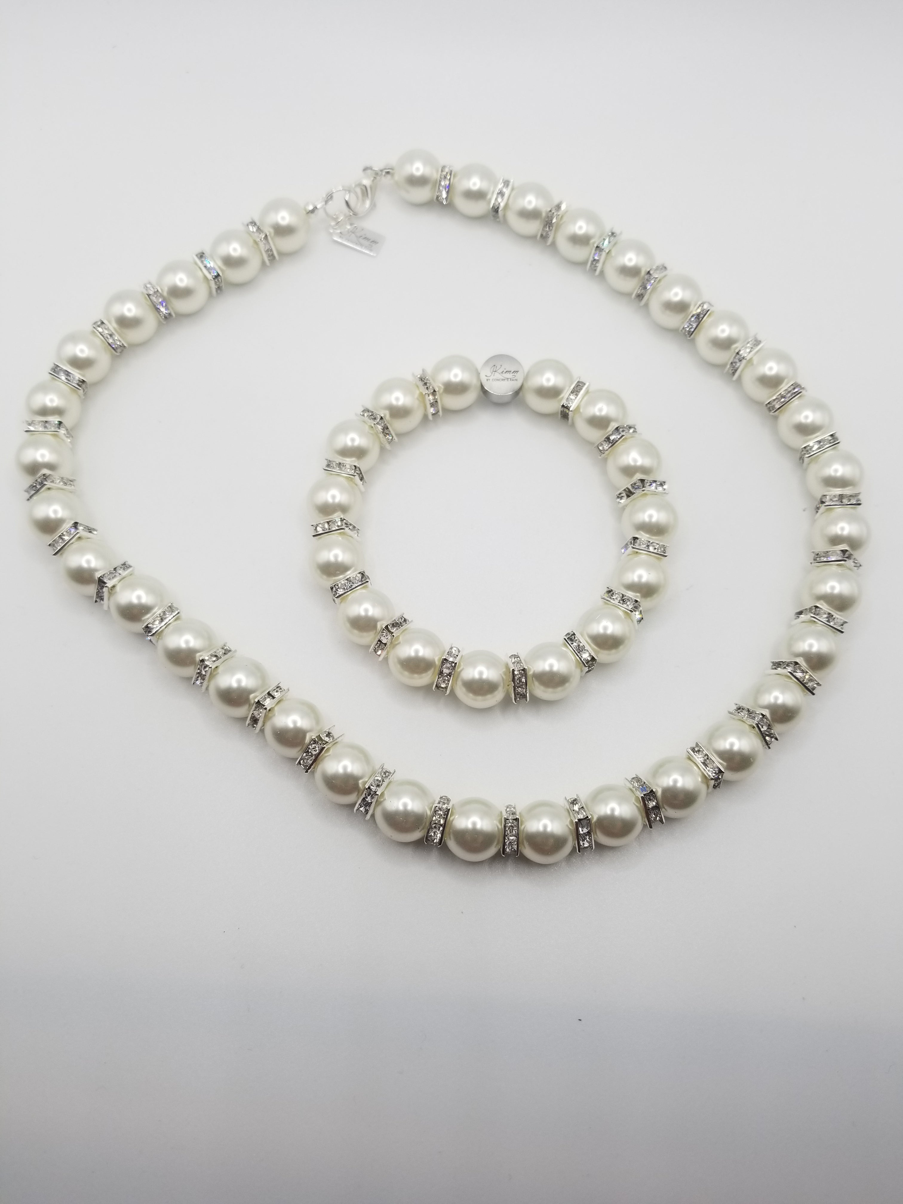 Satin Pearl with Rhinestone Spacer Necklace and Bracelet Set